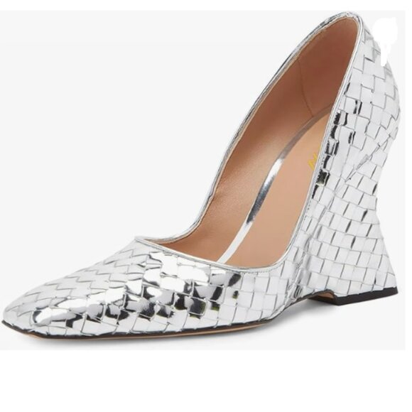 YDN Shoes - YDN Silver Braid Pumps Wedge High Heels Closed Square Toe Slip On Dressy Shoes